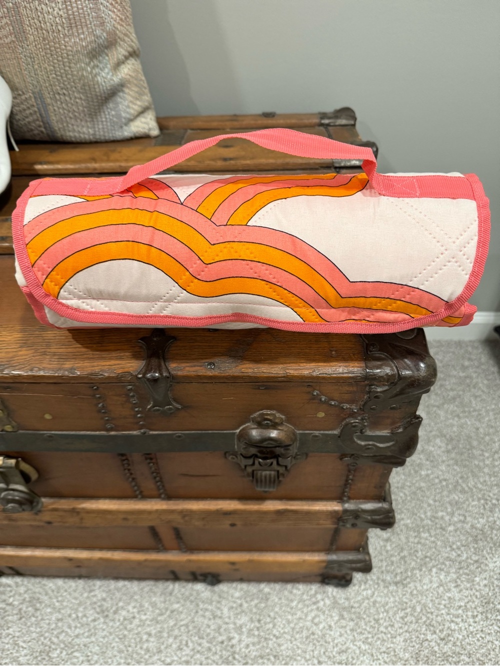 Society 6 Pink and Orange Wave Quilted Carry Picnic Blanket
